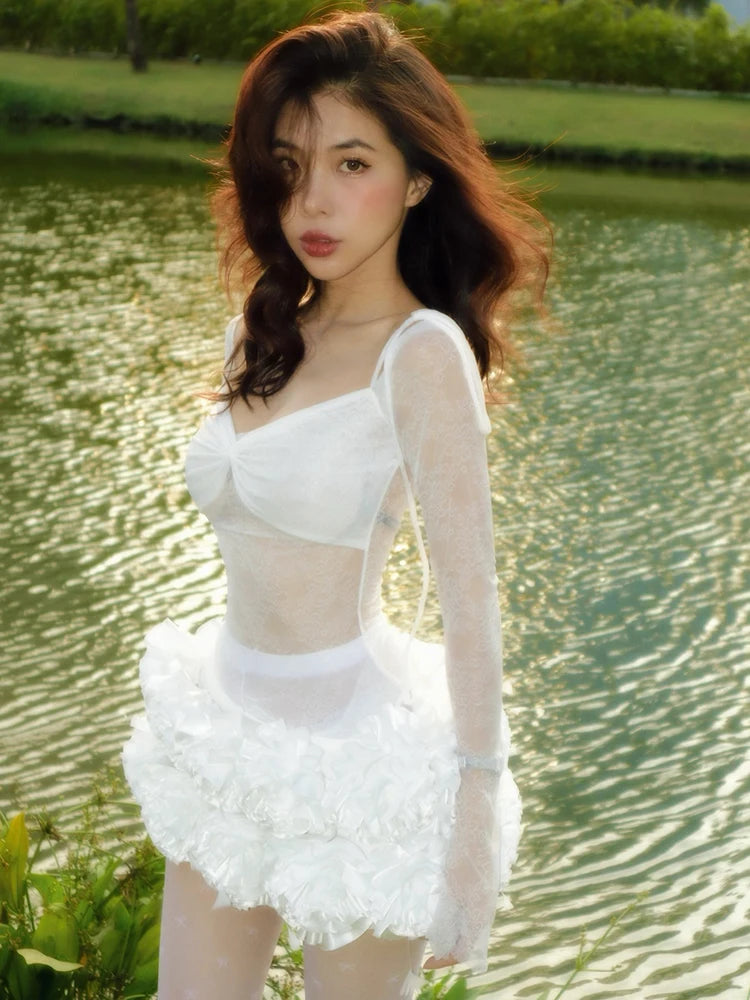 Sweet Fairy-Tale White & Red Off-Shoulder Lace & Puff Skirt Dress Outfit for Themed Parties