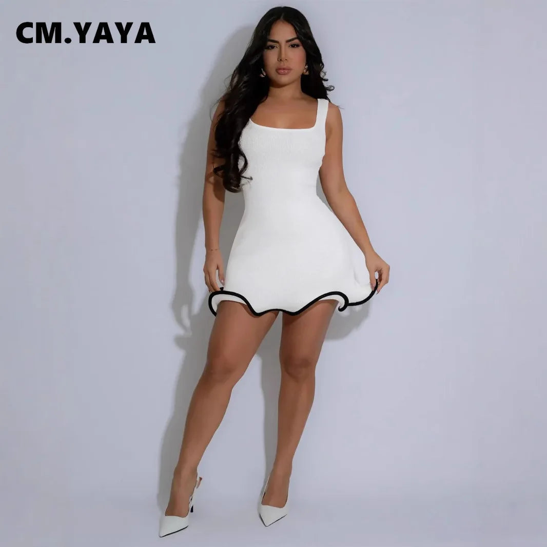 CM.YAYA Women Sleeveless O-neck Tank Mini Dress 2025 Summer Slim Sexy Sweet Club Party Evening High Street Ruffles Dresses