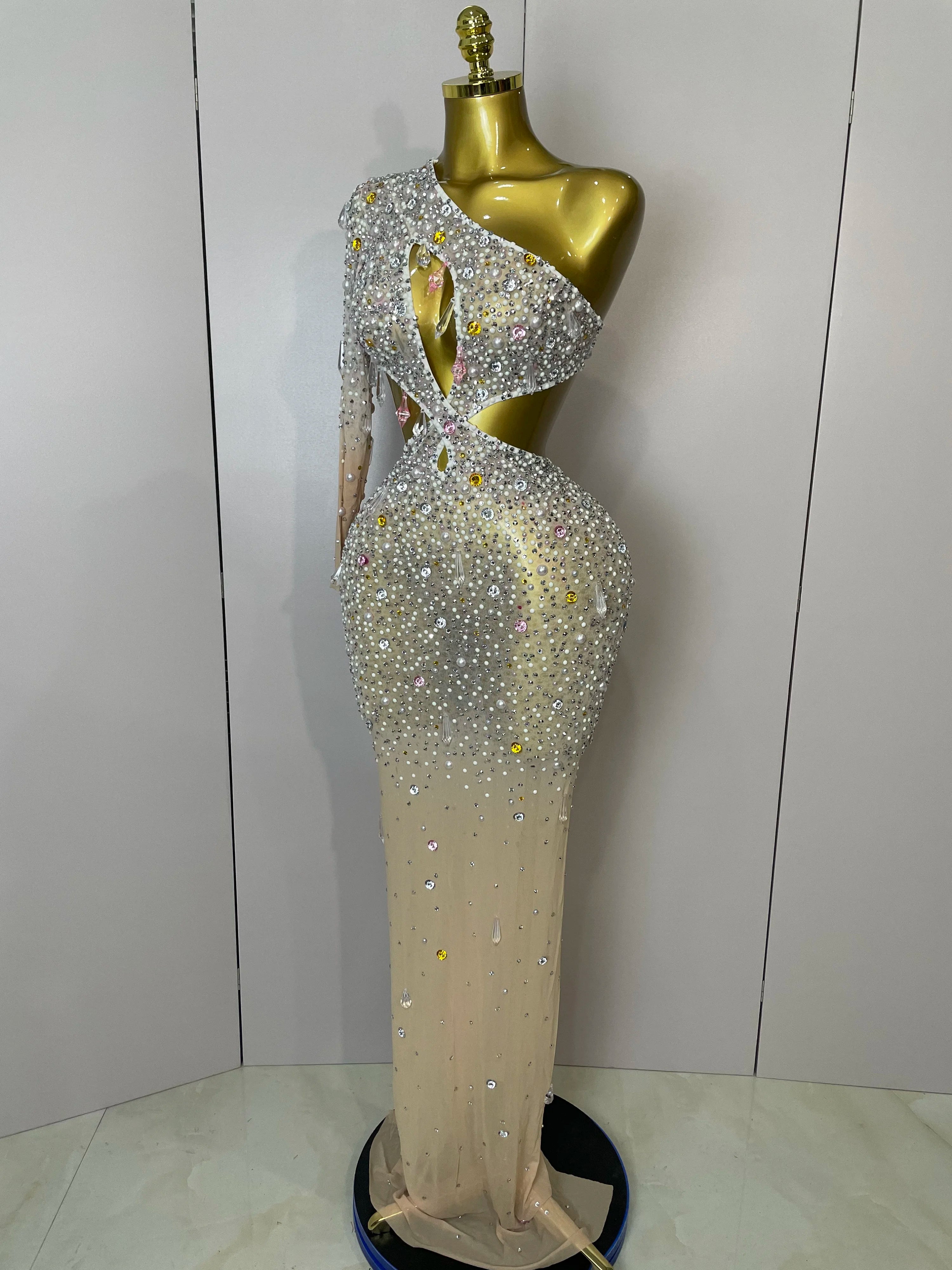 Stock 2025 Women Sexy One Shoulder Hollow Out Big Crystal Bodycon Long Dress Celebrate Nightclub Party Bar Singer Birthday Dress