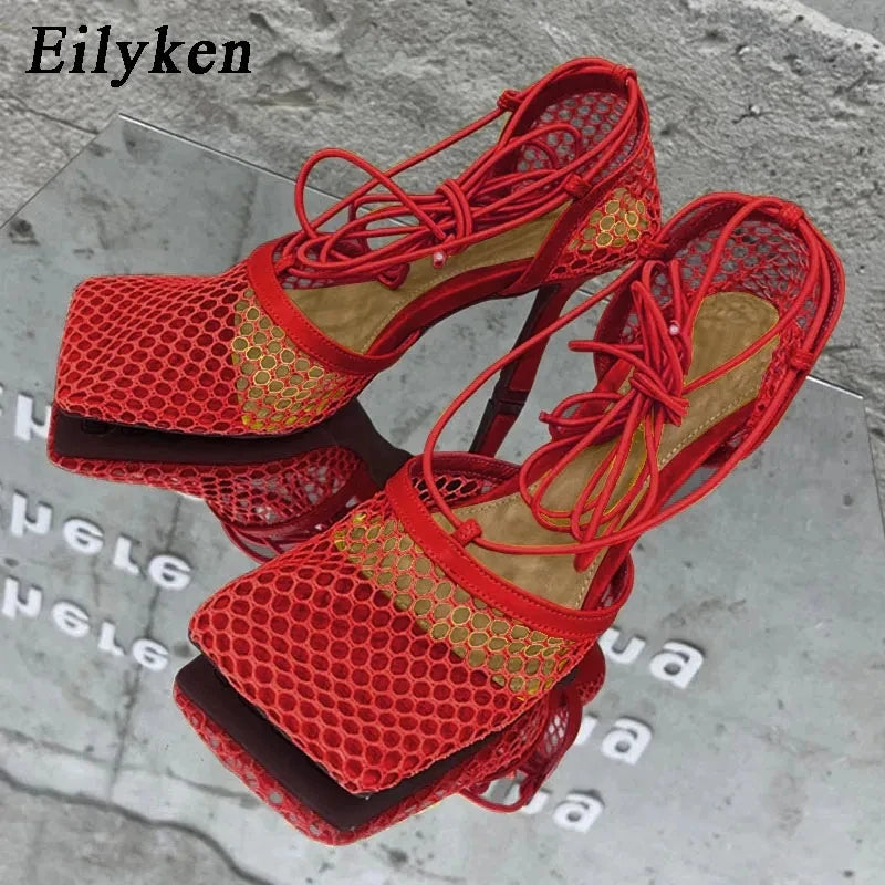Eilyken Sexy Mesh Pumps Sandals Female Square Toe High Heel Lace Up Cross-Tied Stiletto Hollow Dress Shoes Zapatos Mujer Red
