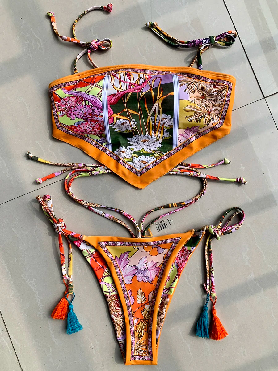 Printed Crop Top Bikini Women Bikinis Brazilian Swimwear Female Swimsuit Two-pieces Bikini Set High Cut Bathing Suit Swim C223Orange