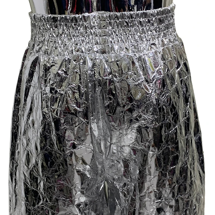 Lautaro Summer Autumn Shiny Silver Faux Leather Shorts for Men with High Elastic Waist Y2K Streetwear Emo European Clothes 2025