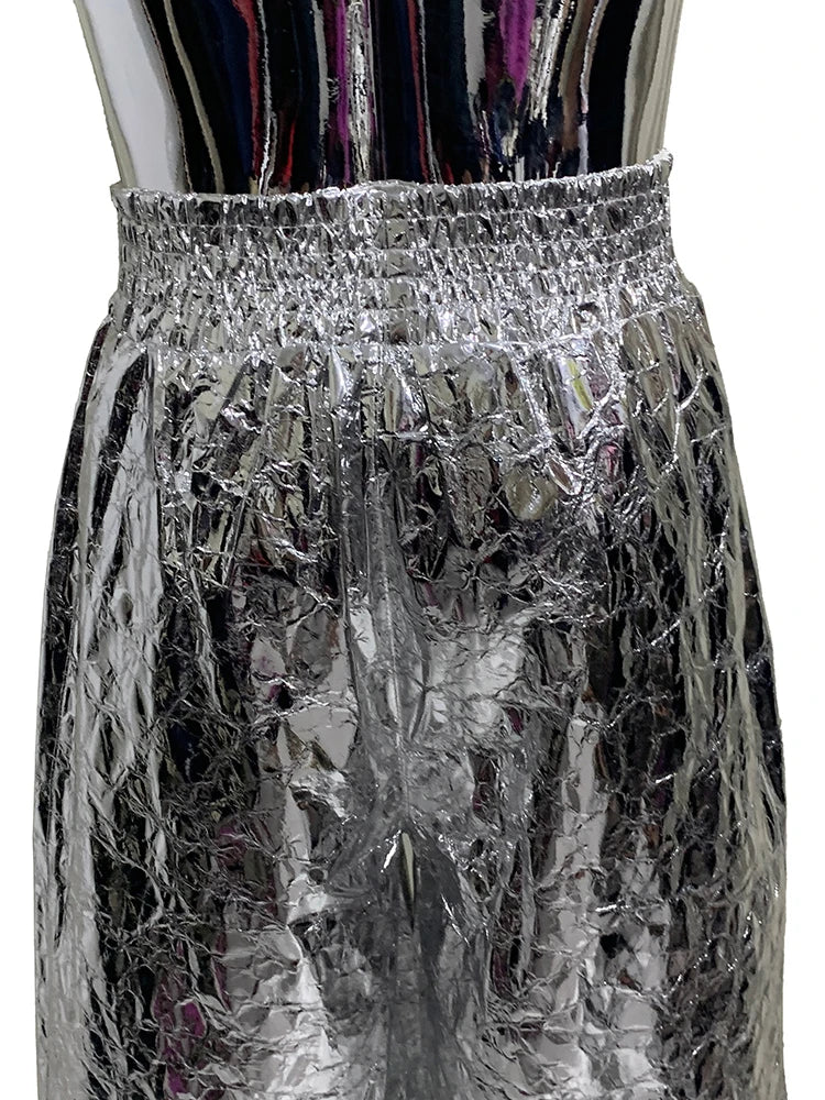 Lautaro Summer Autumn Shiny Silver Faux Leather Shorts for Men with High Elastic Waist Y2K Streetwear Emo European Clothes 2025