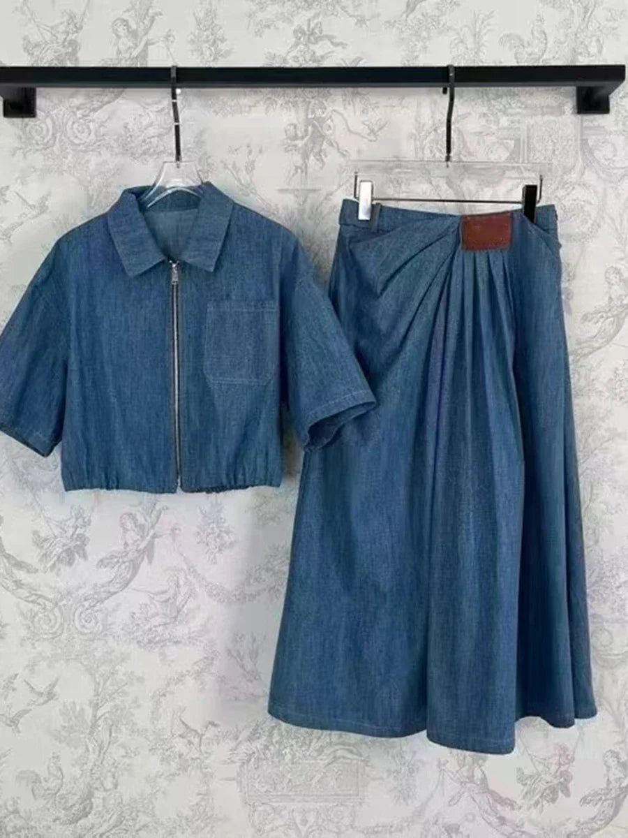 Solid Causal Two Piece Sets for Women Lapel Short Sleeves Spliced Zipper Top High Waist Skirt Set Female Fashion BLUE