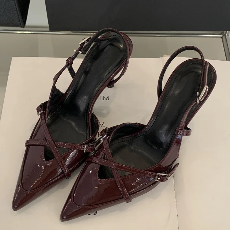 Eilyken Street Style Sexy Buckle Strap Women Pumps Elegant Pointed Toe Thin High Heels Banquet Party Slingback Shoes Wine red
