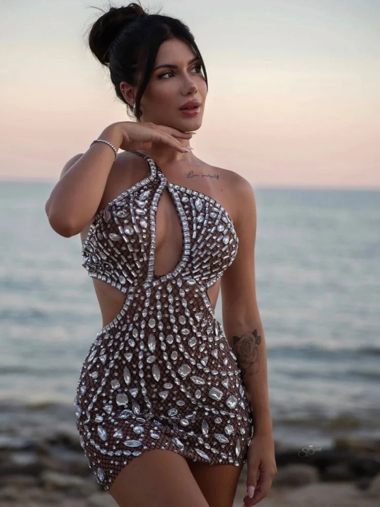 Stock Women Luxury Sexy Mesh Sequins Crystal Diamonds Mini Dress Birthday Party Costume Bar Nightclub Stage Performance Dress Khaki