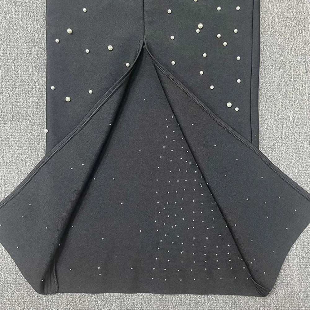 2024 Sexy Women's Light Luxury Pearl Design Bandage Dress with Diagonal Collar One Shoulder Long Sleeve Bodycon Christmas Dress