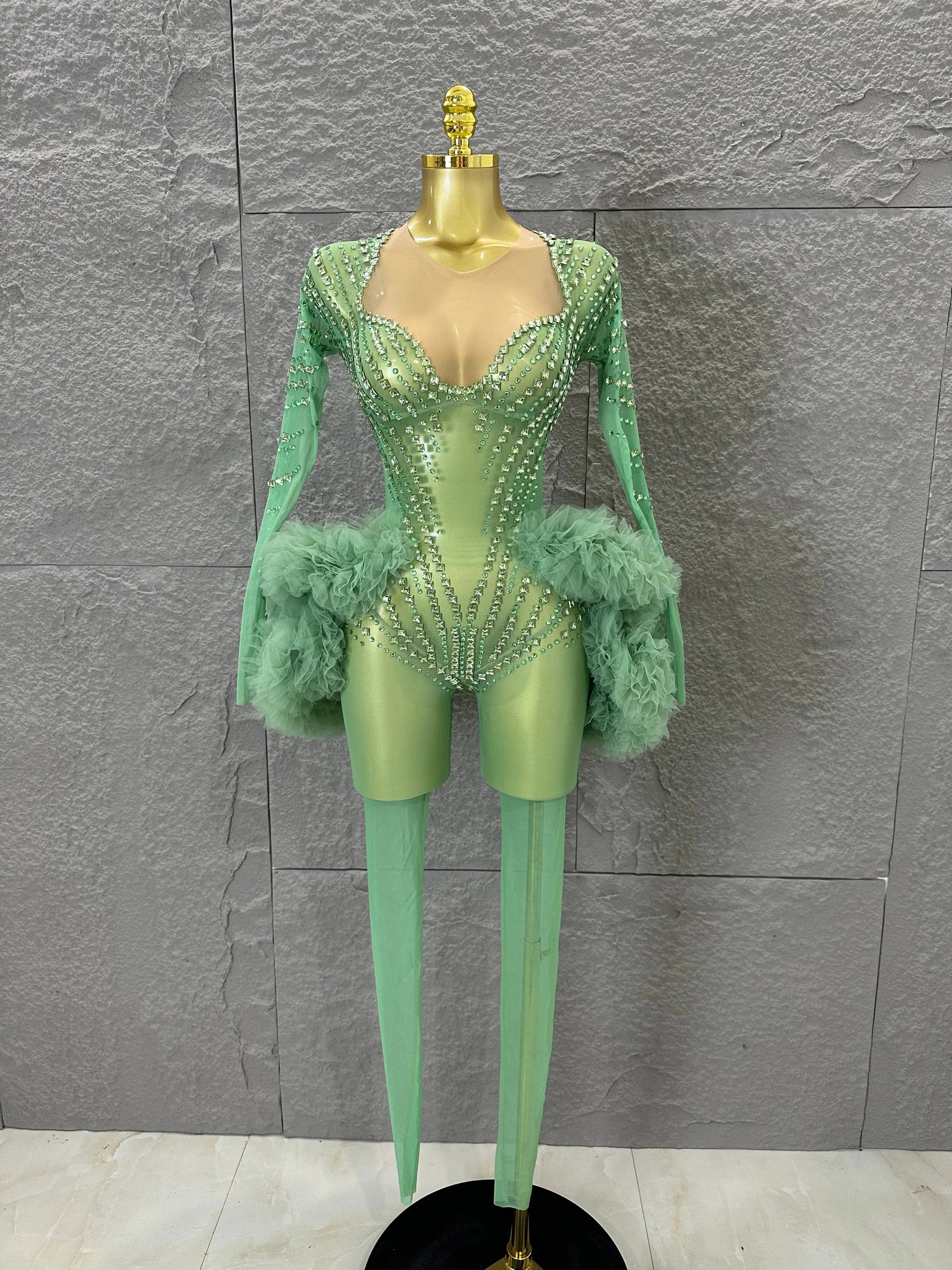 Sparkly Green Long Sleeve Bodysuit Women Stage Performance Sheer Mesh Rhinestone Embellished Ruffle Tulle Latin Dance Costume green