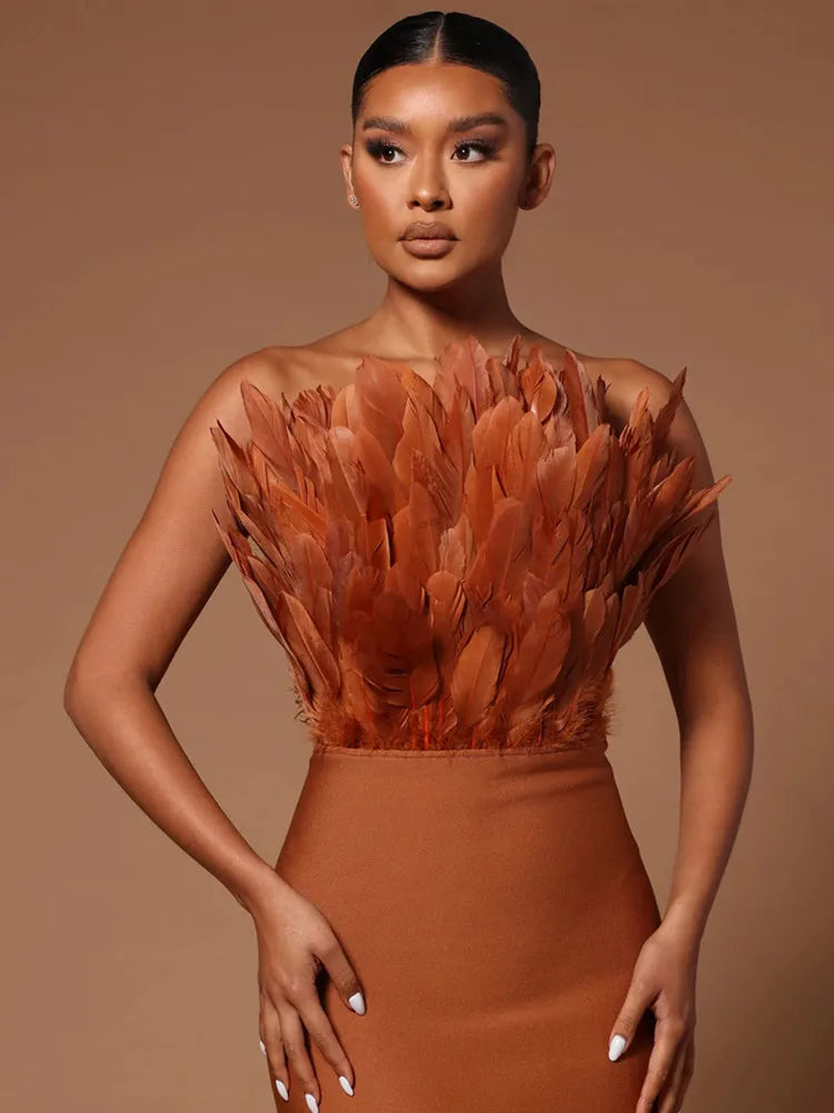 Summer Fashion Women Sexy Strapless Backless Brown Hot Pink Feather Bodycon Bandage Dress Elegant Evening Club Party Dress