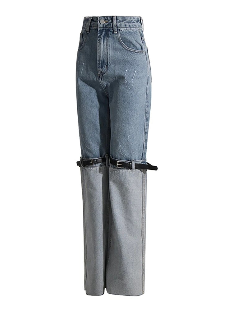 DEAT Women Jeans High Waist Long Straight Contrast Color Knee Splice PU Leather Belt Denim Pants 2023 Autumn New Fashion 29L2408