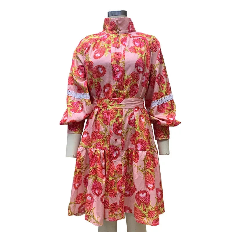Women Long Sleeve Stand Collar Shirt Dress Spring Autumn Printed Short Dresses Elegant High Waist Party Dresses Vestidos Red
