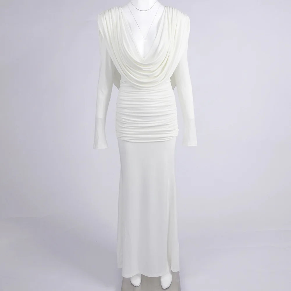 Solid Slimming Spliced Folds Minimalist Dresses for Women V Neck Long Sleeves Elegant Evening Dress Female Fashion WHITE