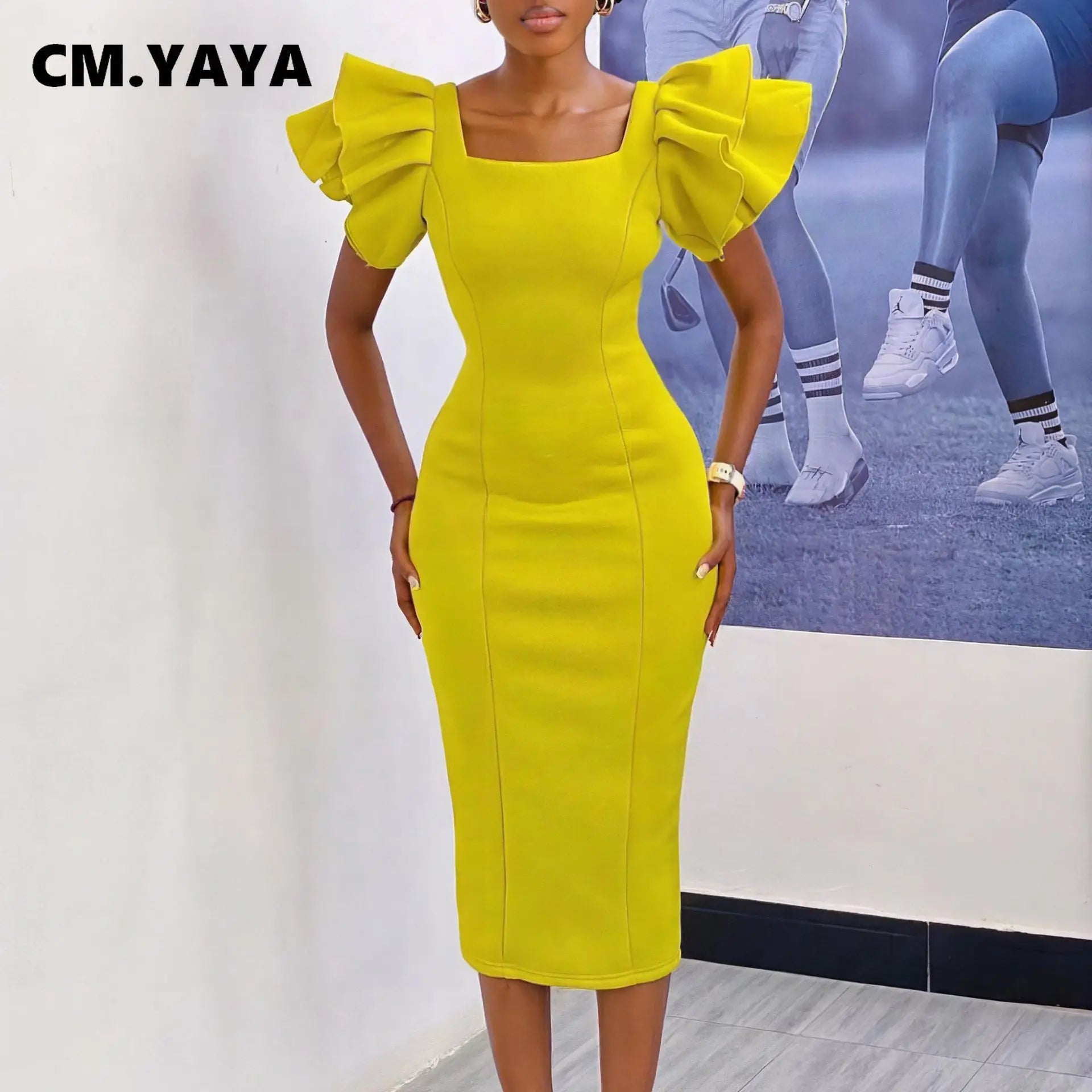 Women Ruffles Short Sleeve Square Collar Knee Length Dress Street Vestidos Sexy Night Club Party Evening Chic Dresses