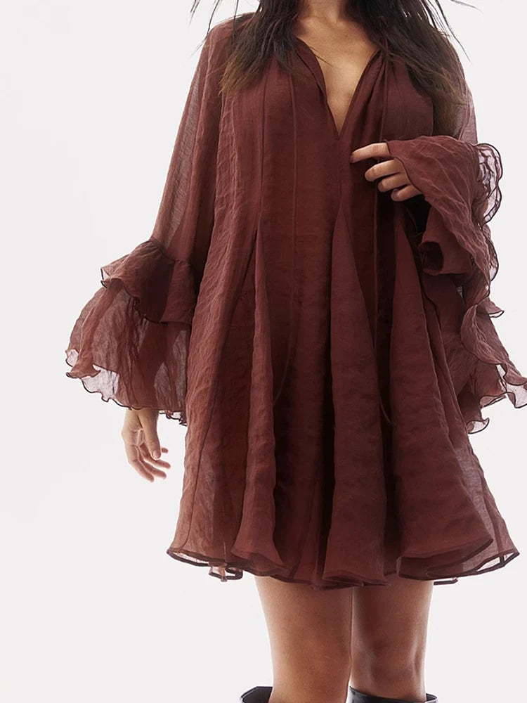 European and American style fashion all-match long-sleeved dress pleated new women's clothing ruffled tie waist dress