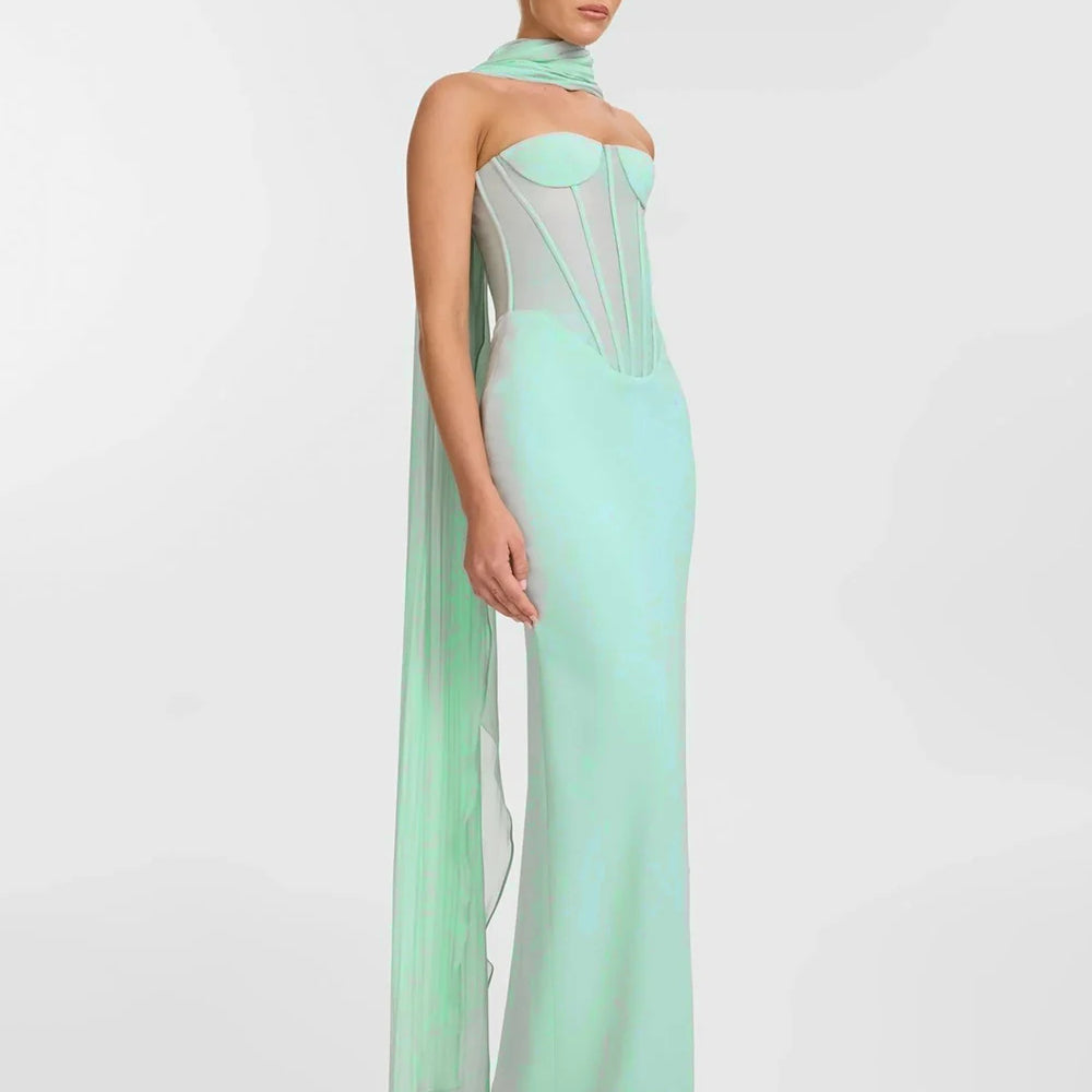 2025 Elegant Strapless Scarf Tight Long Dress For Women'S Sexy Backless Sleeveless Vestidos Celebrity Evening Party Gowns