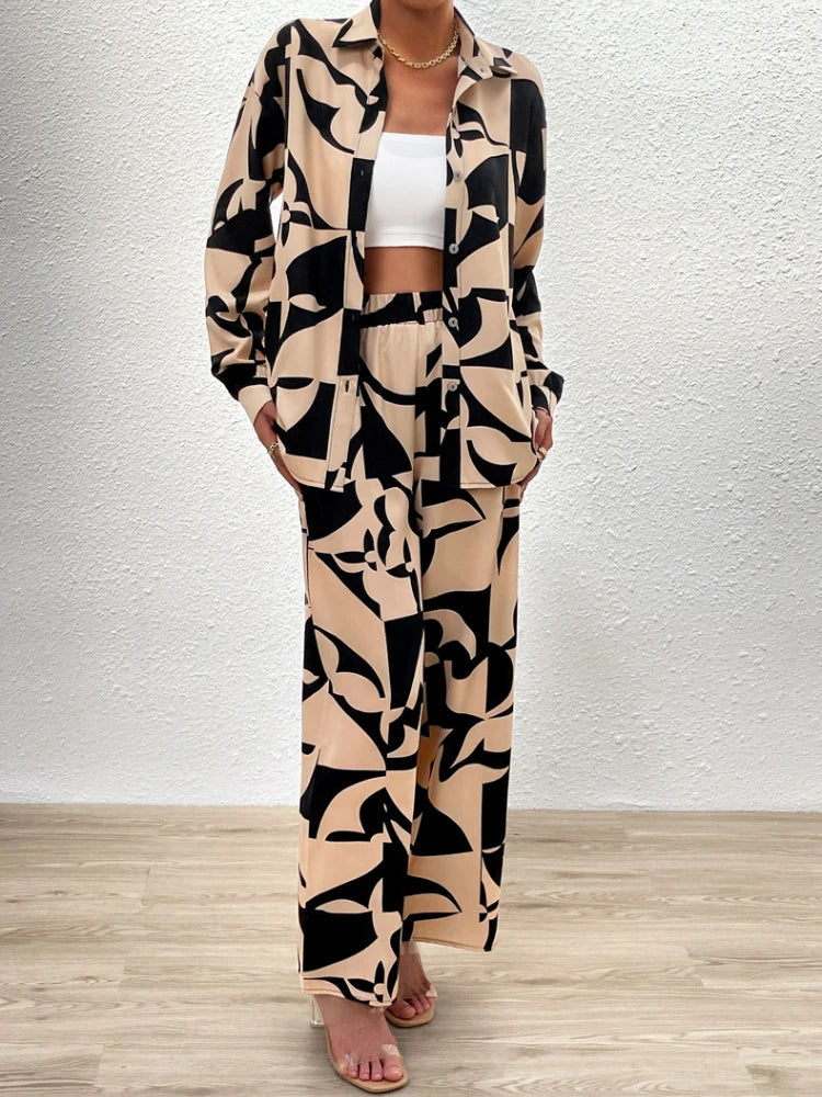 2 Piece Sets Women Outfit New in Spring Summer Fashion Women Tops Elegant Commuting Printed Button Pants Set Women's Clothing