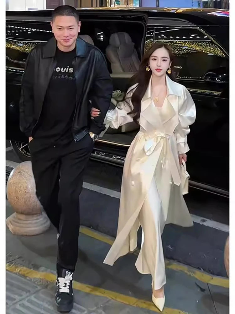 Lautaro Spring Autumn Long Flowy Shiny White Trench Coat for Women Double Breasted Elegant Stylish Luxury Design Clothes 2025