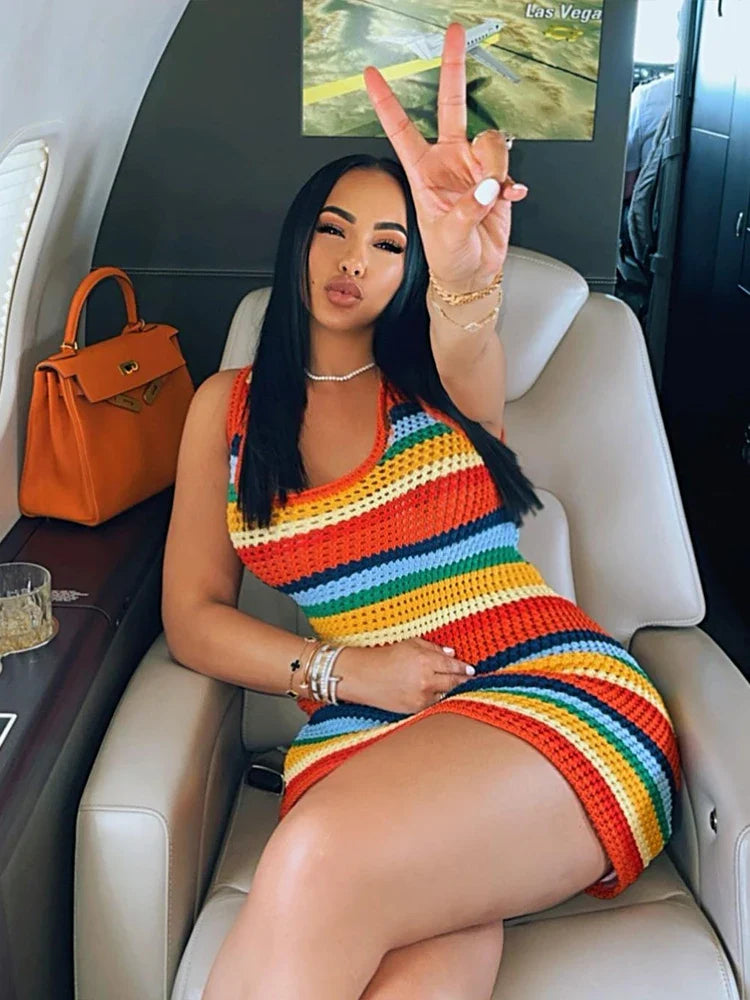 Sisterlinda Multicolor Stripes Skinny Mini Dresses Women Sleeveless O-Neck Body-Shaping Hip Skirts Ladies Party Clubwear Outfits MULTI