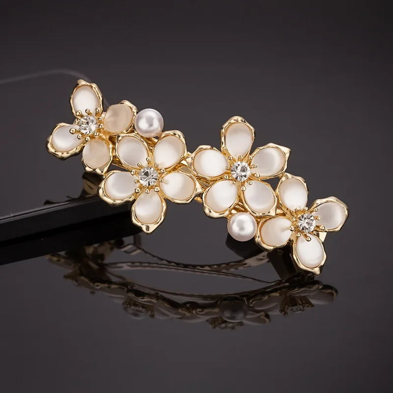 New Korean white flower pearl spring clip boutique opal bowknot horizontal clip temperament female fashion hair accessories MHM-01-078-03