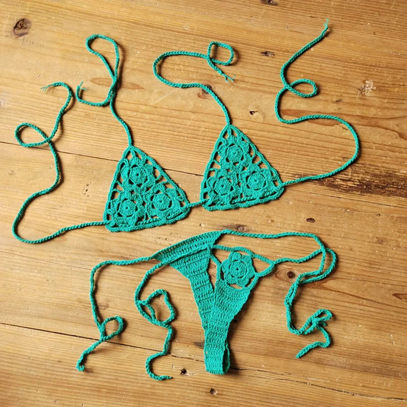 Women Sexy Handmade Bikini Sets Crochet Flower Solid Color Lace Thong String Swimwear Sunbathing Swimsuit Beach Wear Lace-up Green one size