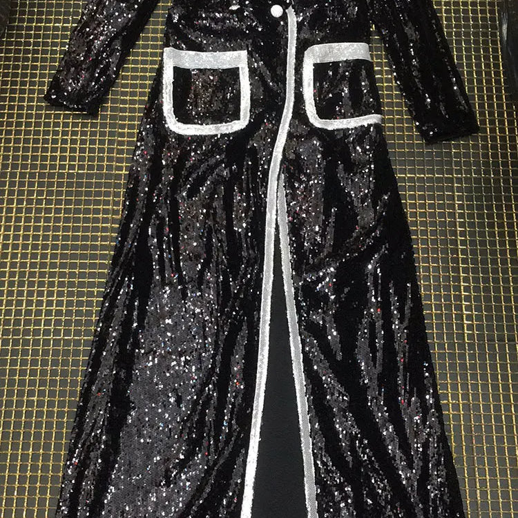 Celebrity Evening Cocktail Party Maxi Dress Women Polo Neck Long Sleeve Double breasted Pocket Design Slim Fit Split Long Dress