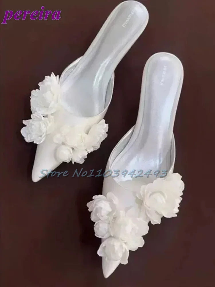 Multi Flower Wedding Sandals Satin Pointed Toe White Pull On High Heel Solid Slip On Blossom Shallow Outdoor Dress Party Mules