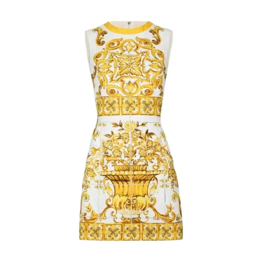 Runway Summer Short Dress Women's O-Neck Sleeveless Yellow Blue And White Porcelain Flower Print Holiday Tank Mini Vestidos yellow