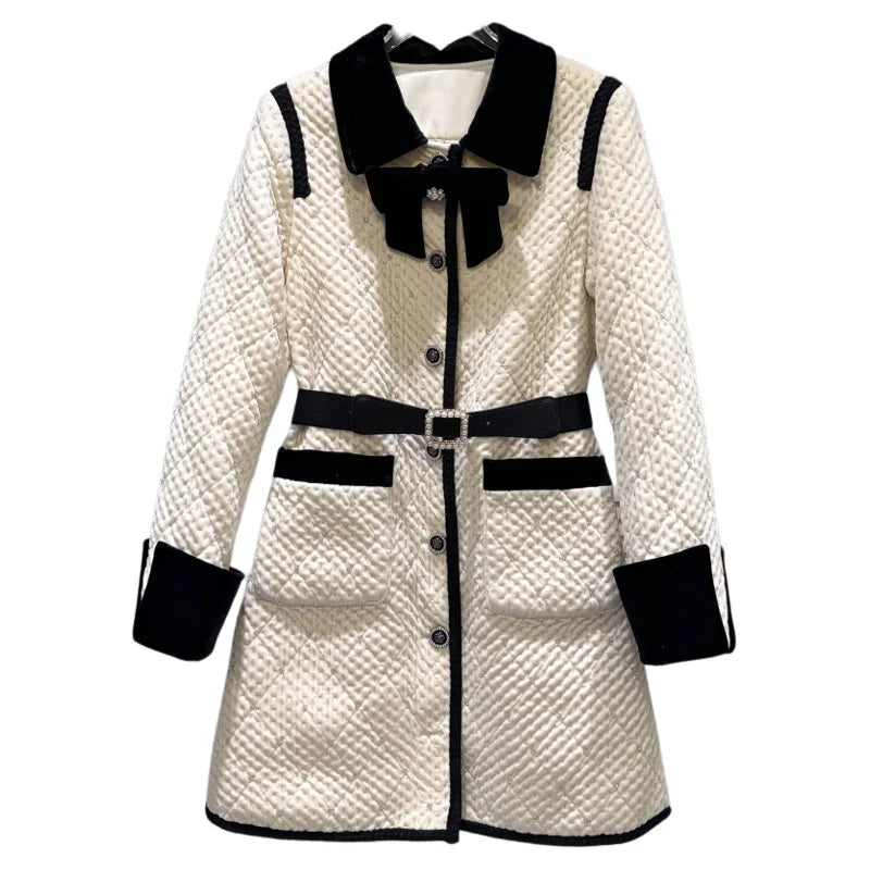 Winter New Fashion Velvet Bow Beaded Cotton Liner Long Trench For Women Elegant High-end Windbreaker Female 11A07766