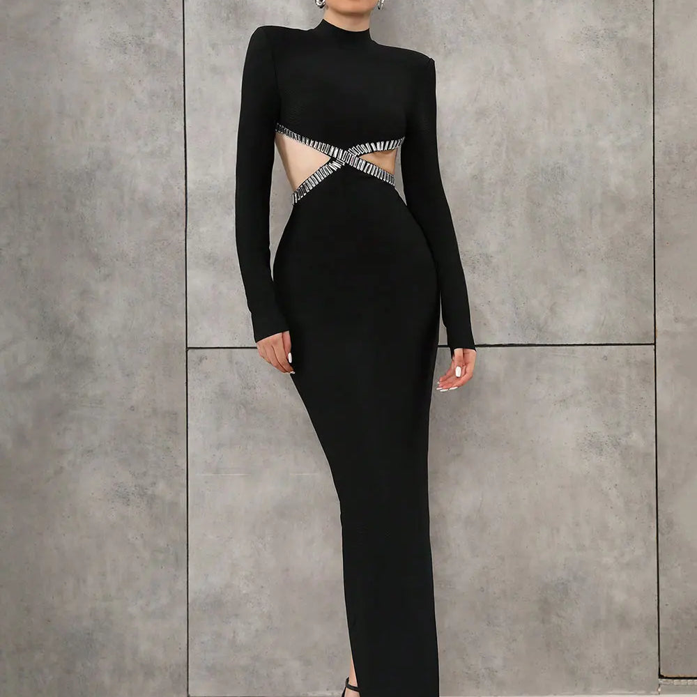 2025 Women'S Light Luxury Nail Bead Sexy Backless Bandage Dress Stand Collar Long Sleeved Bodycon Backless Long Dress Vestidos