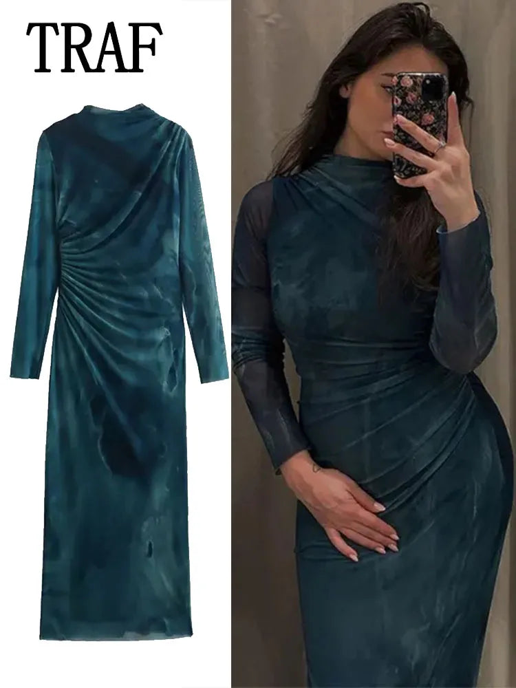 Woman Silk Mesh Midi Dress Autumn Women Long Sleeve Vintage Long Dress Female Elegant Slim Dress