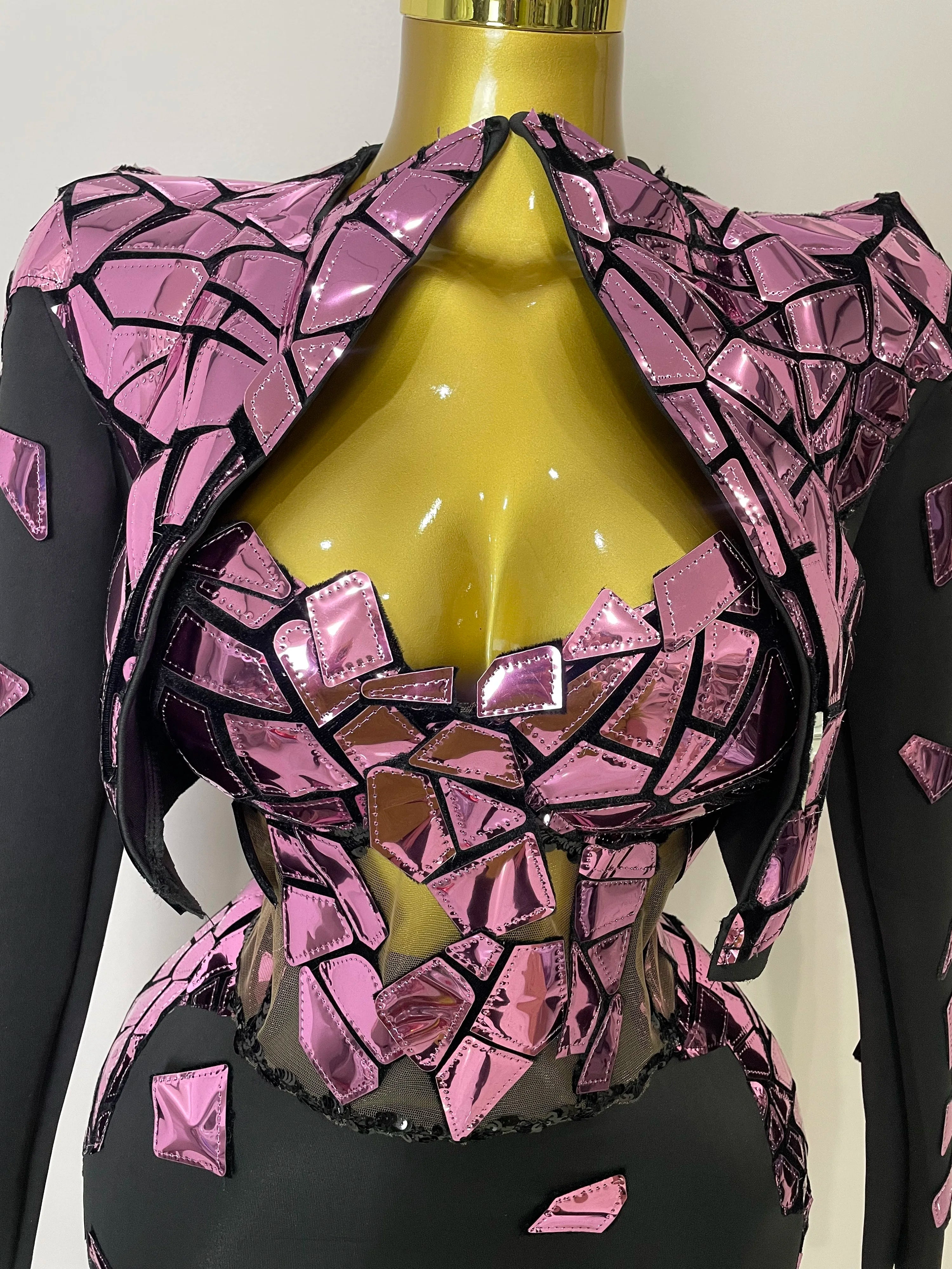 STOCK 2025 Women Sexy Pink Glitter Sequin Mirrors Short Skirt 3pcs Set Birthday Party Nightclub Queen Drag Stage Costume