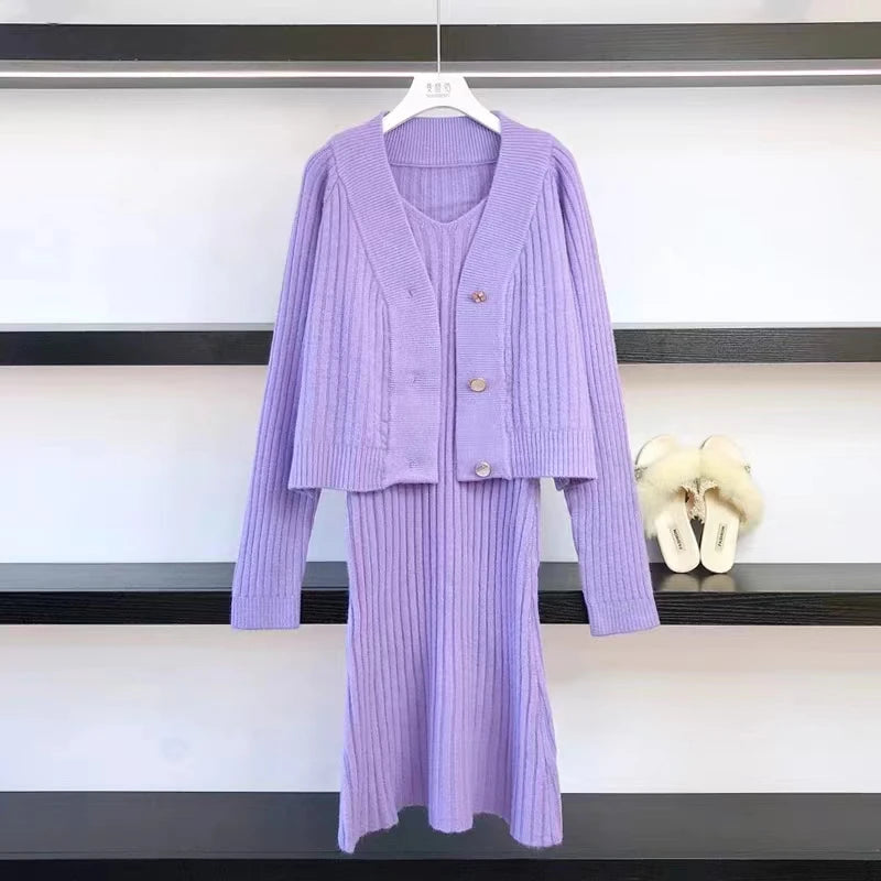 Women Sweater Midi Dress Set Casual Pullovers Suits Autumn Winter O-neck Long Sleeve Knitted Solid Slim Elegance Tops Elastic B purple