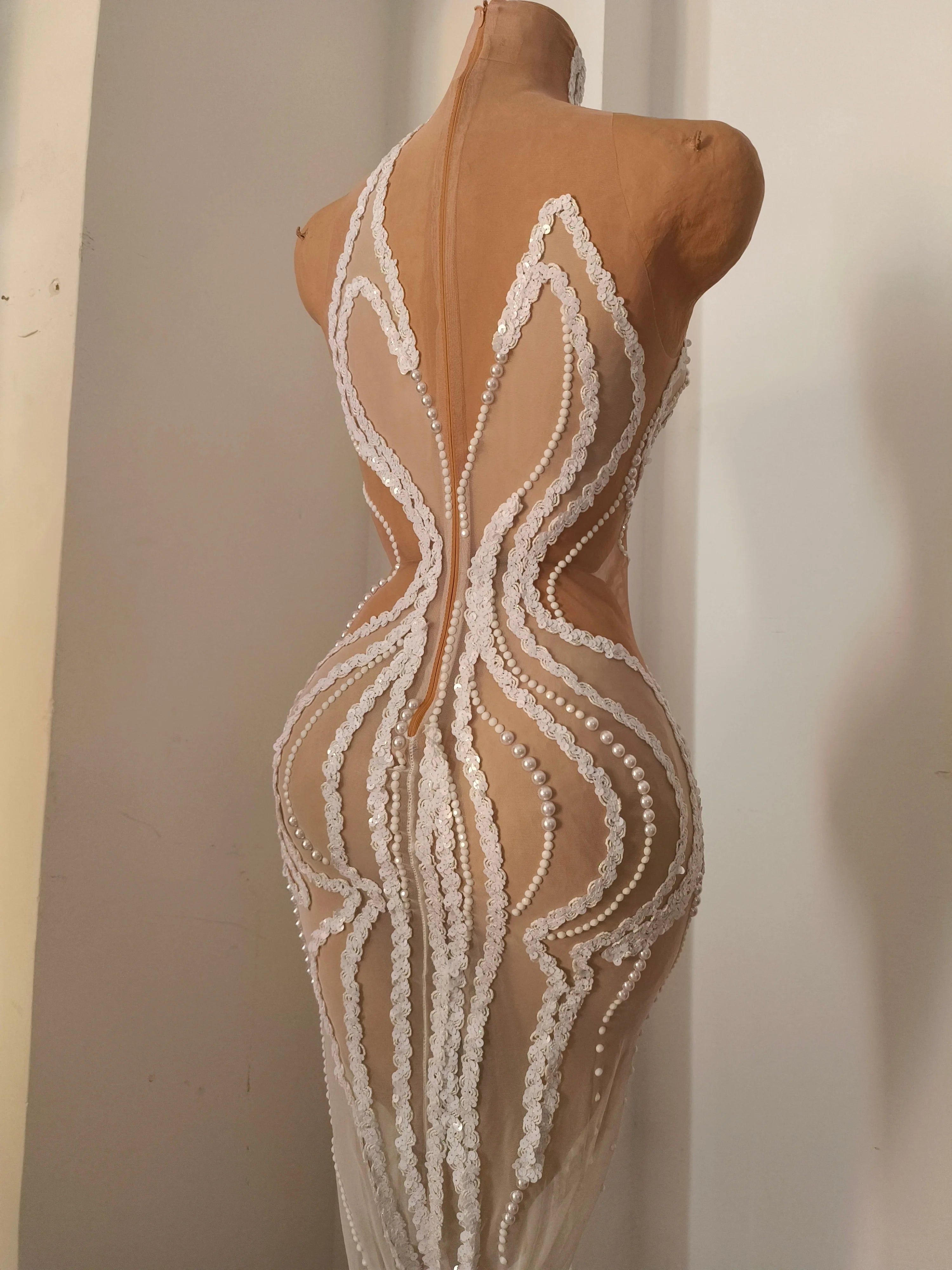 Refined White Sheer Mesh Maxi Dress Women Sexy High Neck Pearl Lace Bodycon Cocktail Nightclub Evening Gala Party Costume