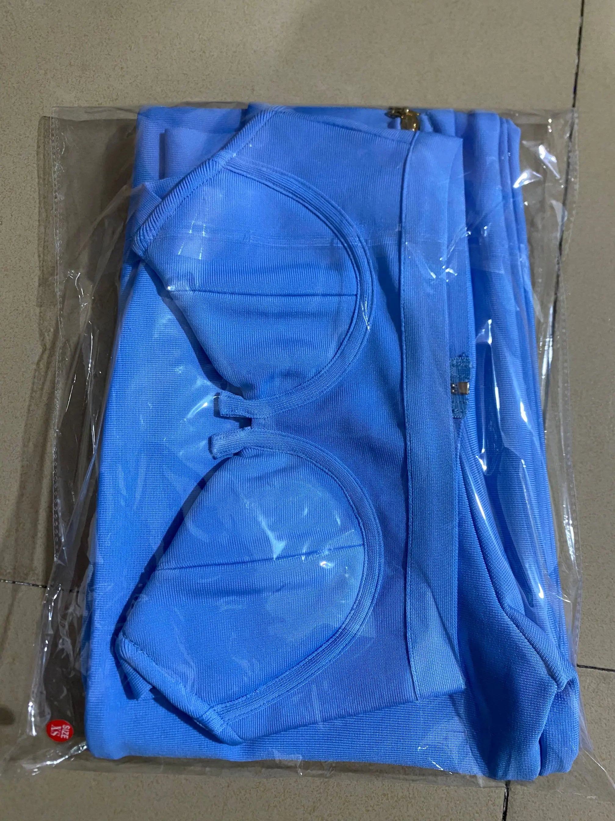 2024 Summer New Fashion Celebrity Sexy Bandage Two-piece Set Tight Short Top & High Waist Flared Trousers Pants Set SKY BLUE