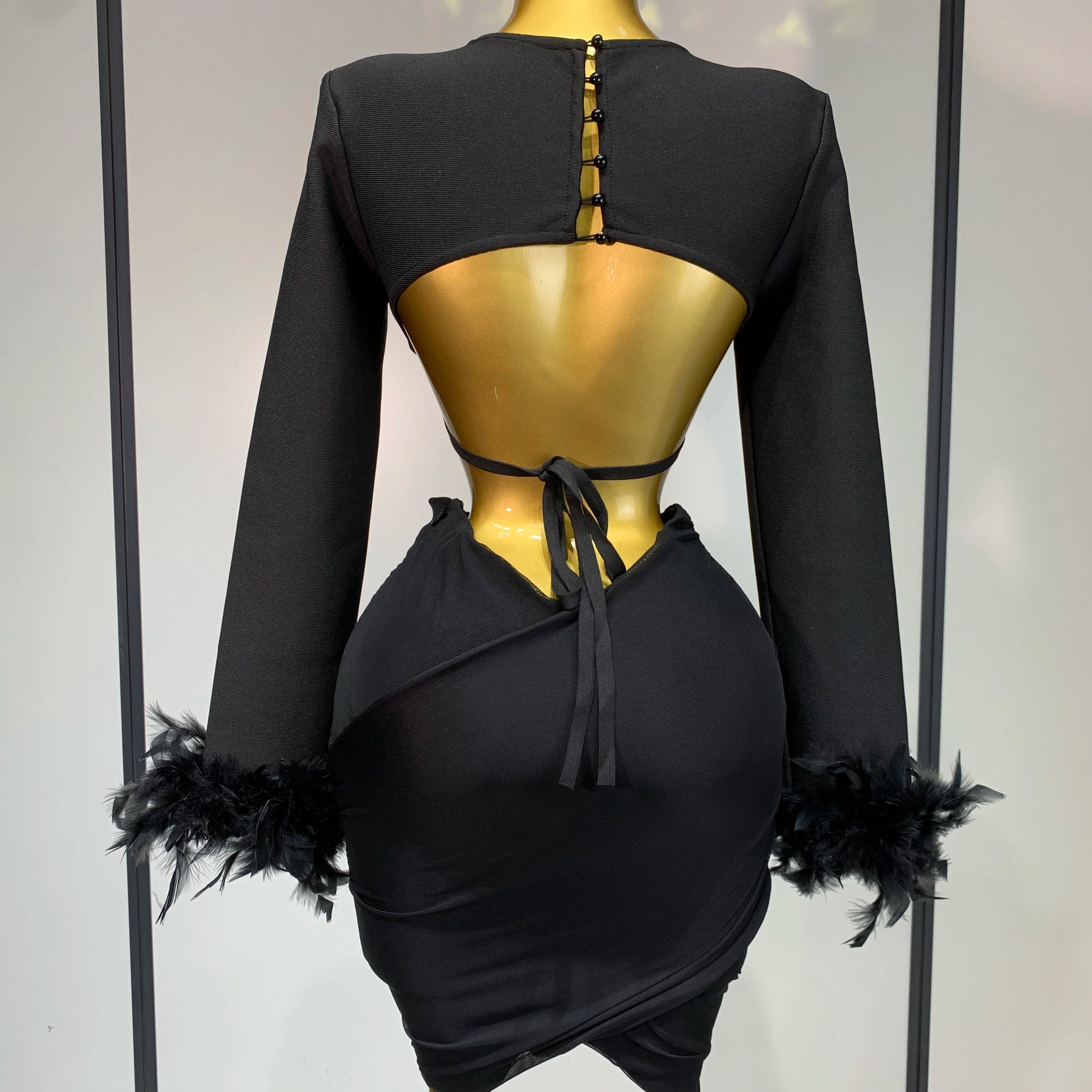 Luxury Birthday Dress Women Sexy Long Sleeve Feather Black Mesh Mini Bodycon Bandage Dress Elegant Evening Club Party Dress 