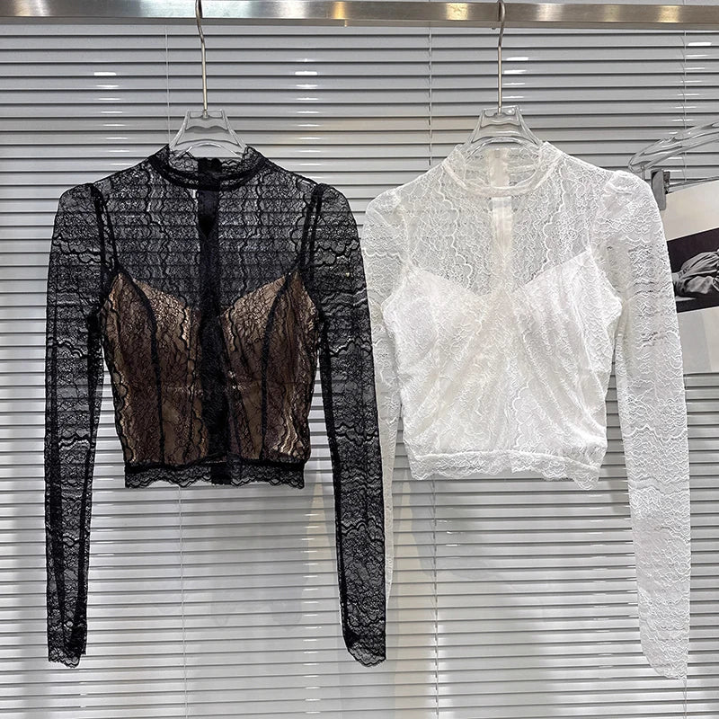 Winter New Fashion Slightly Transparent Lace Design Chest Pad Lined Lace Blouse For Women Versatile Shirts 11A07674
