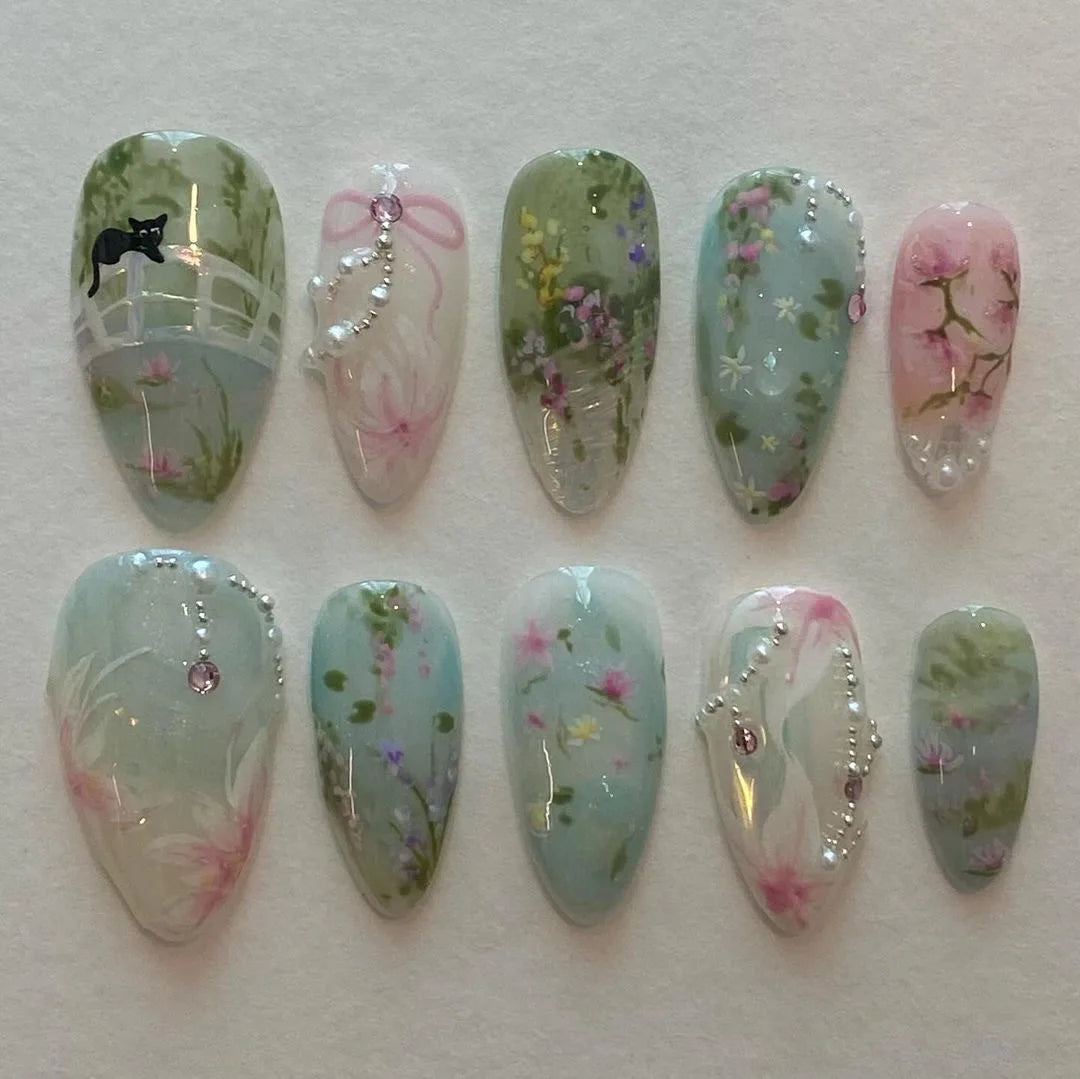 24Pcs Almond False Nails with Broken Diamond Fashion Green Flower Design Nail Art Tips Wearable Full Cover Press on Fake Nails 3306
