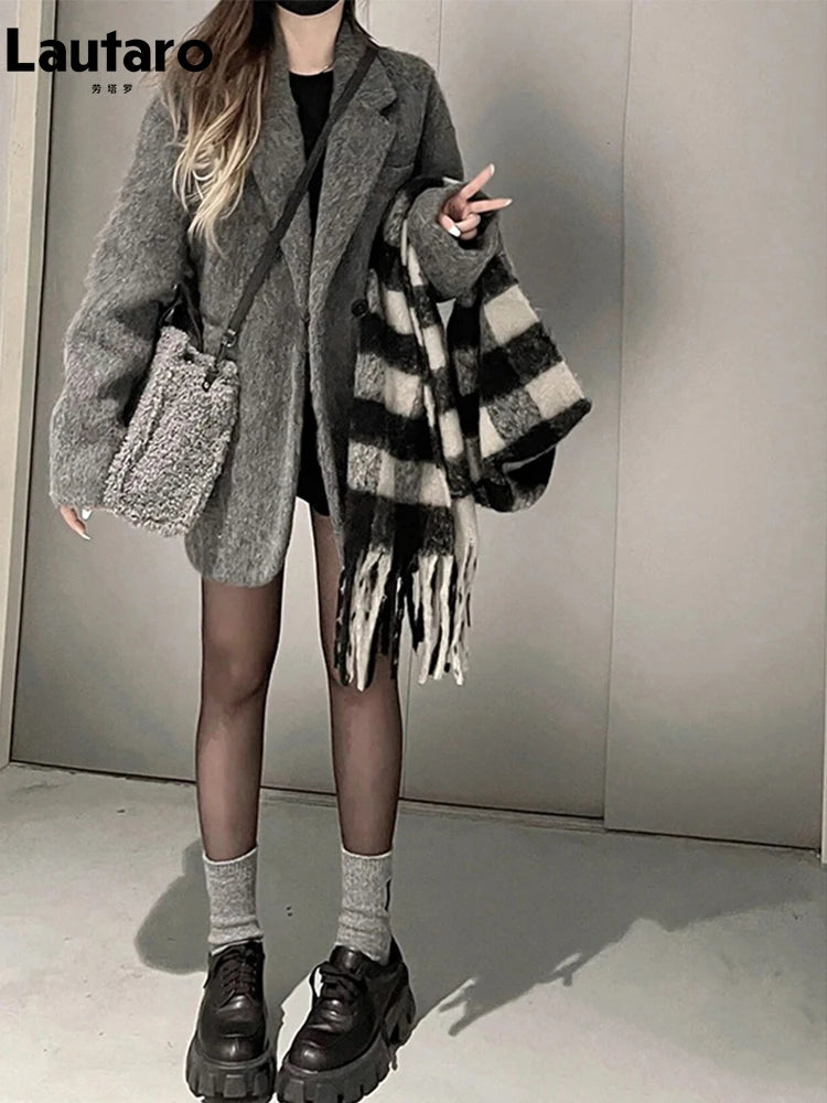 Lautaro Autumn Winter Grey Black Warm Soft Woolen Blazer Women Long Sleeve Single Breasted Korean Fashion New in Coats & Jackets