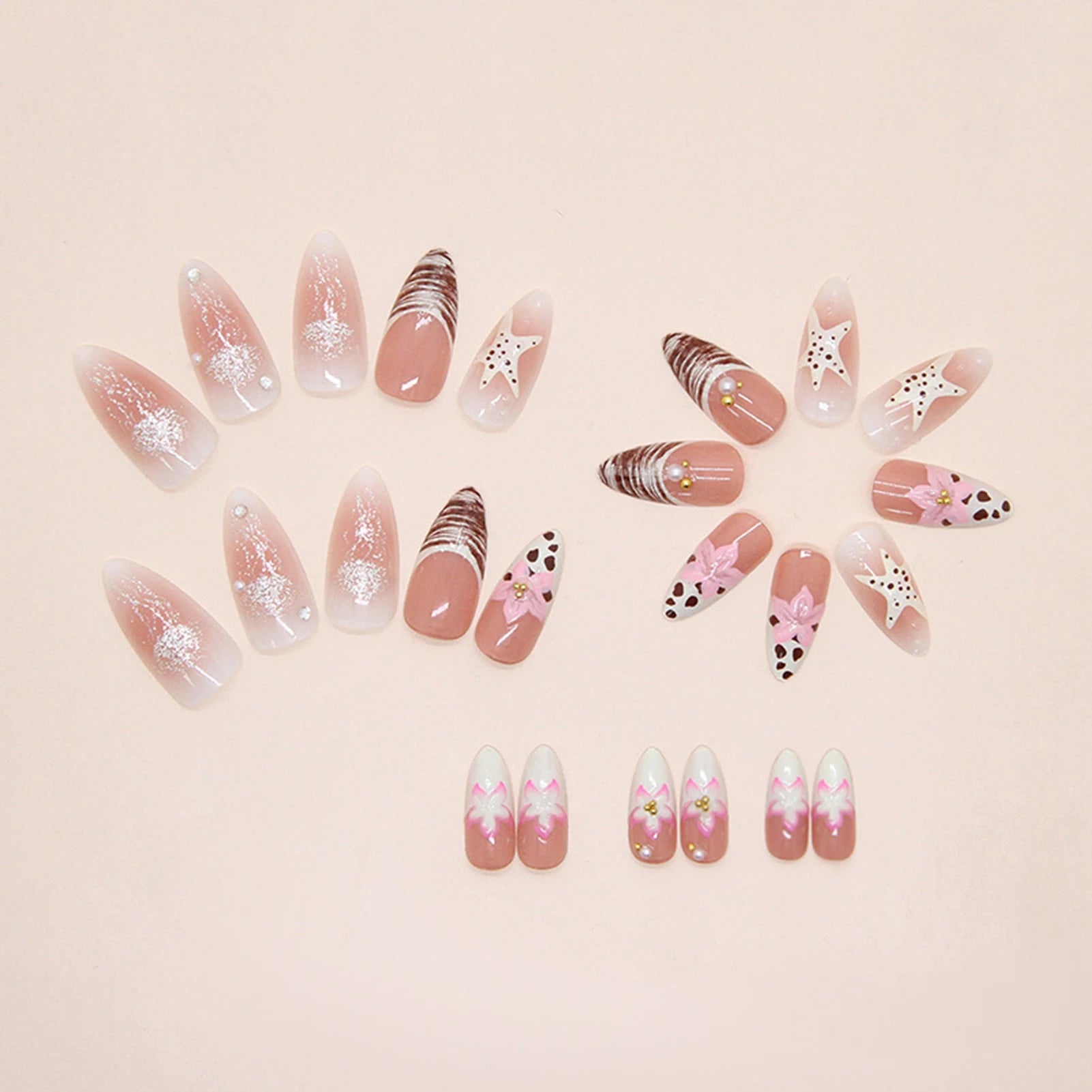 Blush Pink Almond Fake Nails 24Pcs Y2K Girls French Press On Nails Flower/Starfish Printed Full Cover Acrylic False Nails