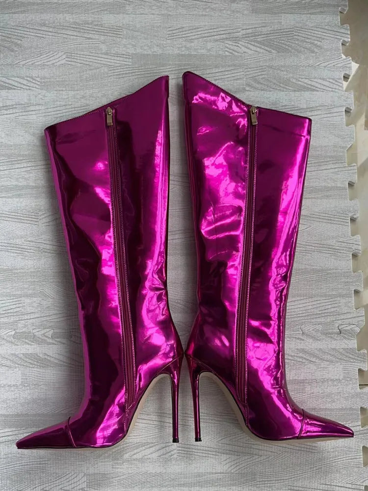 Thigh High Boots Candy Color Mirror Leather Women Knee High Boots High Heels Stilettos Runway Shoes for Women High Heel Boots 05purple12cm