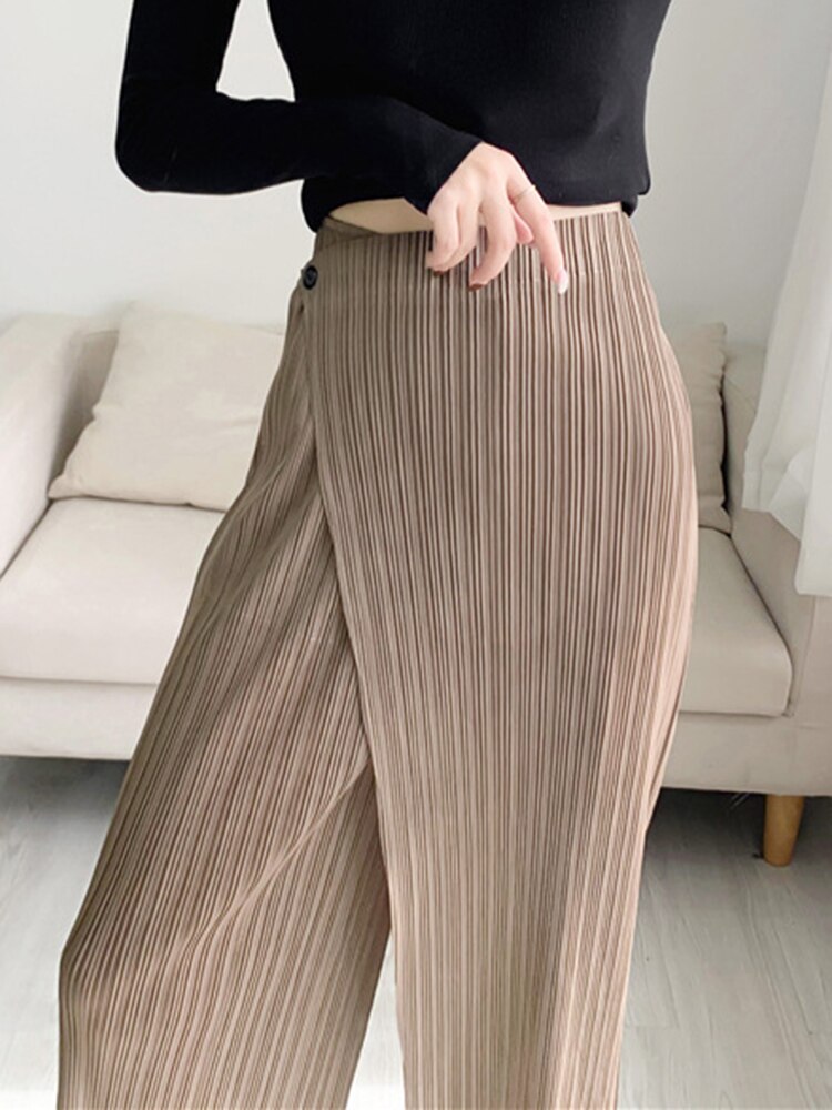 YUDX Women Pleated Solid Color Ankle-length Pants Elastic Waist Wide Leg Straight Female Trsouser Loose 2024 Summer