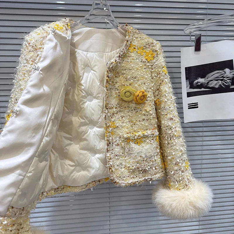 Winter New High-End Fashion Fox Fur Sleeve Tweed Cotton Liner Short Coat For Women Elegant Jacket Female 11A07868