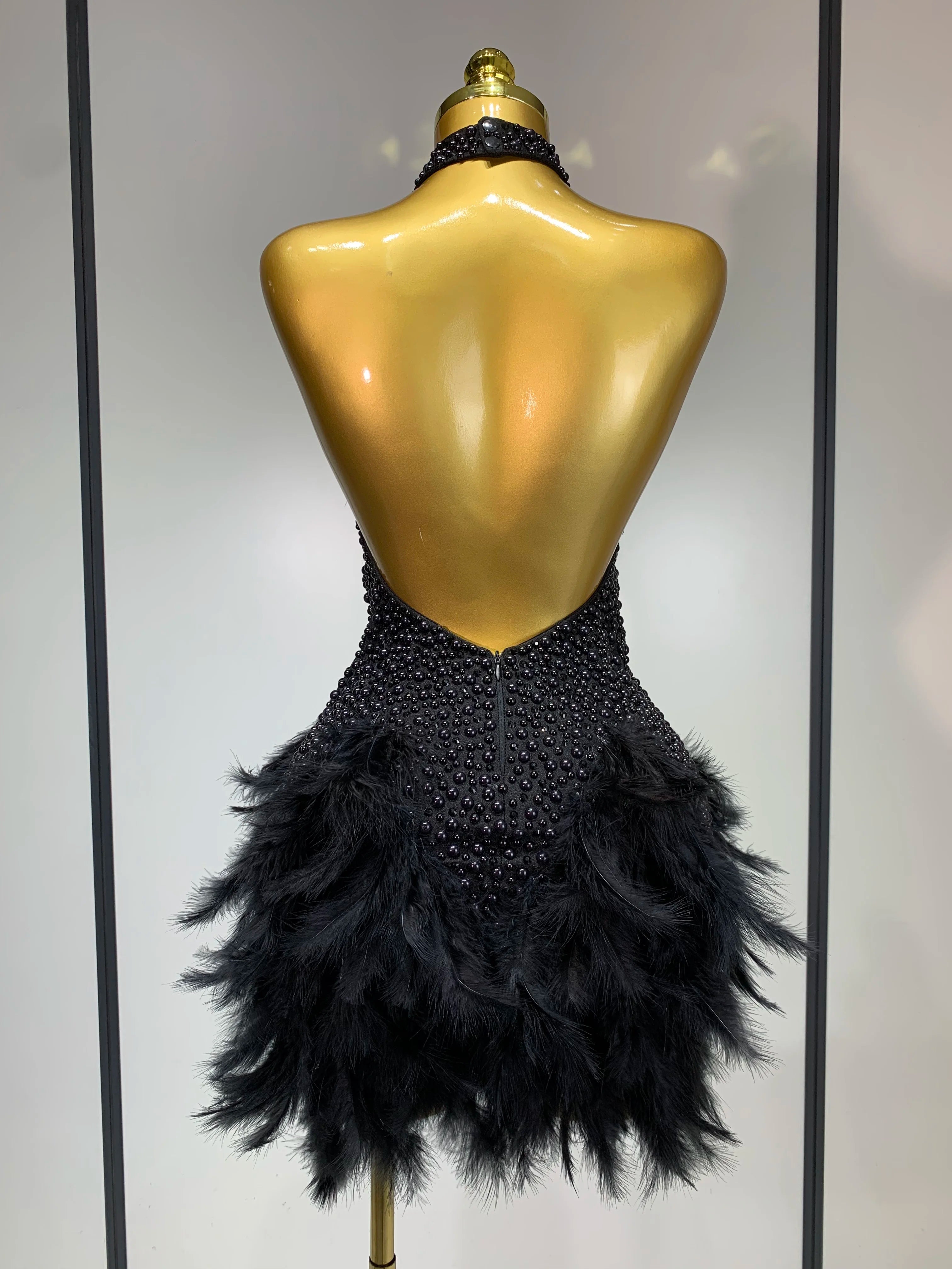 Sexy Backless Feathers Performance Costume Stage Dancer Black Mini Stretchy Nightclub Luxury Birthday Evening Party Dresses