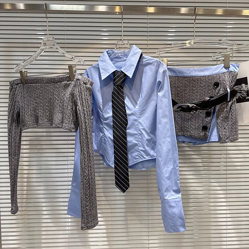 Winter New Trendy Sweet Fashion Tie Single-brasted Shirt Sweater Belted Short Skirt Three-Piece Set For Women 11A07596 Blue