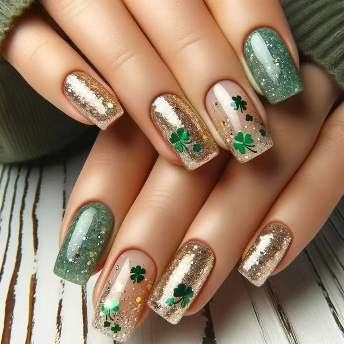 24pcs/set short medium long fake nails Spring flowers flora for St. Patrick's Day faux ongles press on acrylic false nail art 1758