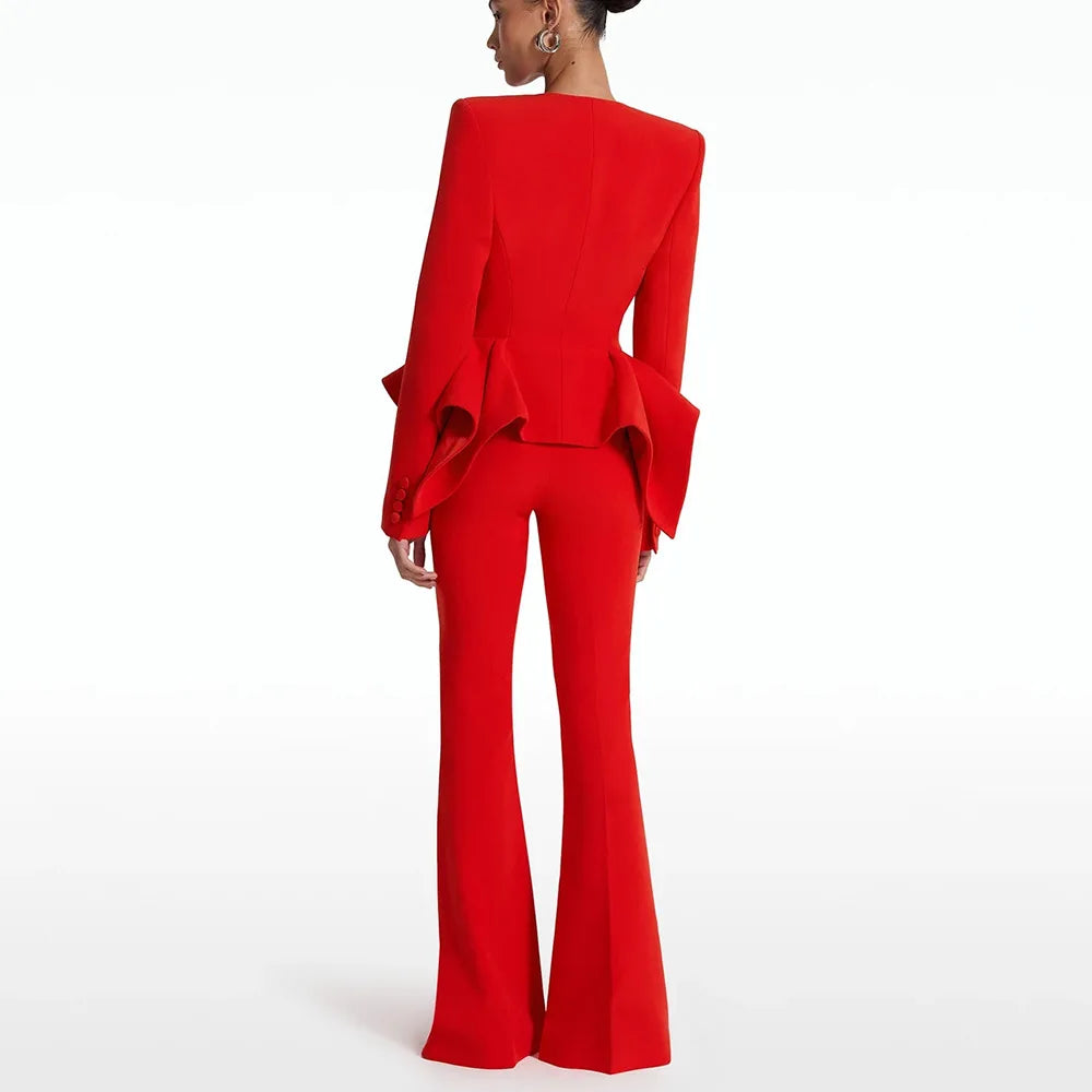 2025 New Red Color Women Long Sleeve Ruffles V-Neck Fashion Women's Set Elegant Evening Party Office Lady Wear Top Quality
