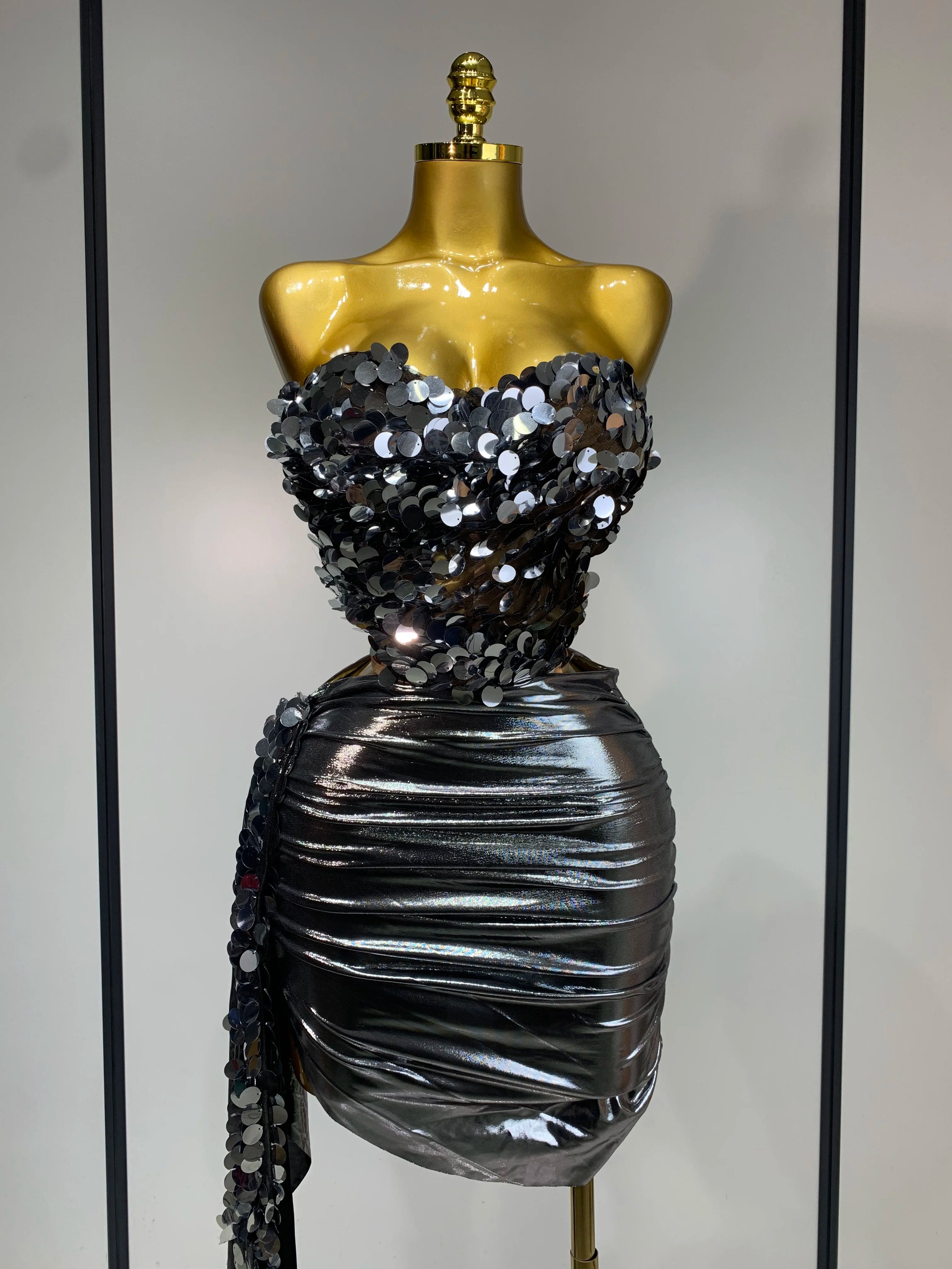 Sparkly Sequin Two Piece Set Sexy Strapless Backless Women's Outfit Evening Party Nightclub Stage Performance Dance Costume GRAY