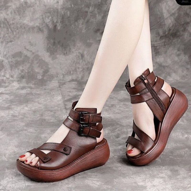 Women Summer Sandals Mid Heels Wedges Shoes Ladies Vintage Leather Plus Size 40 Sandalias Mujer Sapato Feminino Fashion Footwear brown
