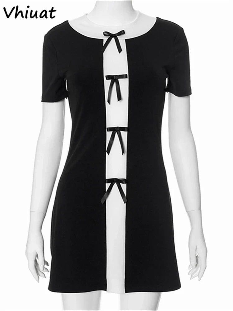 Vhiuat Bow Patchwork Fashion Short Sleeve O Neck Bodycon Mini Dress Women Streetwear Summer Elegant Sexy Dresses Club Party