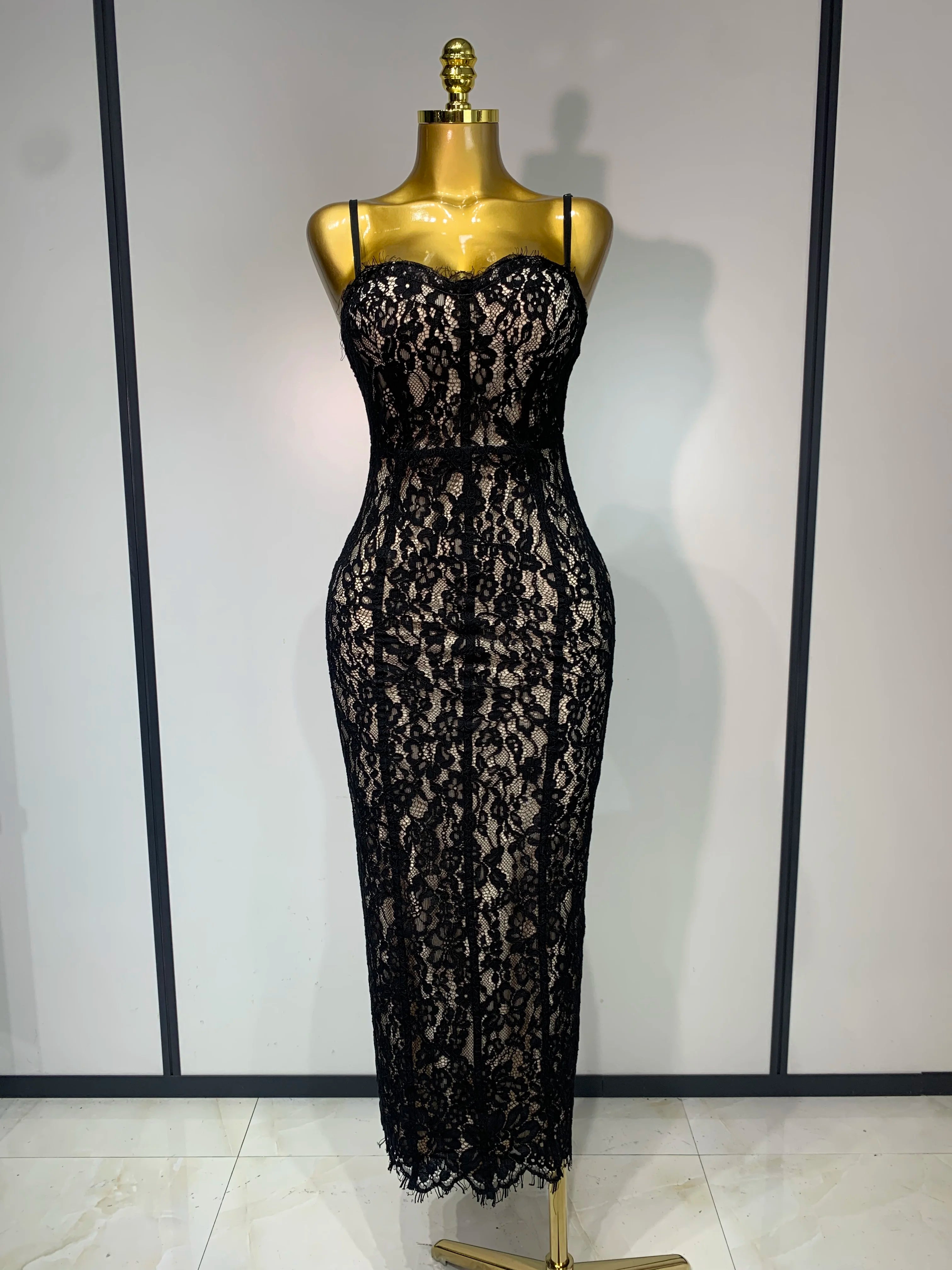 Women Sleeveless Sexy Black Lace Bodycon Long Dress Nightclub Party Celebrate Birthday Evening Party Wedding Guest Prom Gowns black